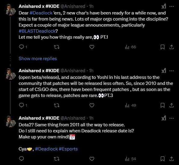 Твиттер аккаунт (X.com) Anishared x KIDE о скором выходе Deadlock от Valve 